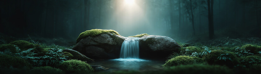 Sunbeams hitting mossy rocks at tranquil forest waterfall lush greenery serene atmosphere peaceful nature soft light