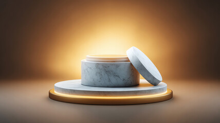 White marble pedestal glowing with warm light round stage luxury cosmetic container