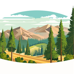 Fototapeta premium Scenic Mountain Landscape with Evergreen Trees and a Clear Blue Sky, Vector Illustration