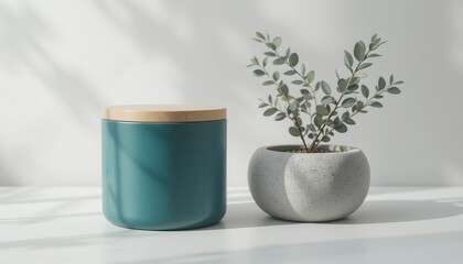 Minimalist composition featuring a teal jar and a potted plant on white surface
