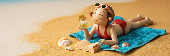Cheerful Wooden Figurine Enjoys a Sunny Beach Day While Relaxing With a Drink and Book on a Vibrant Towel