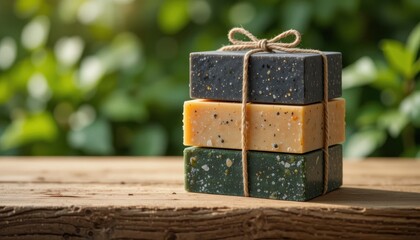 Aromatic stacked handmade soaps, showcasing natural ingredients and craft