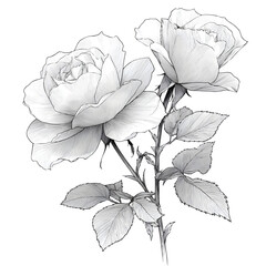Line art sketch of rose branch with detailed outlines, no fill, technical drawing style, transparent background, captured with soft shadows and dark fabric background
