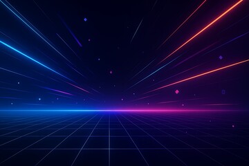Neon grid horizon with streaking lights and floating squares in dark space