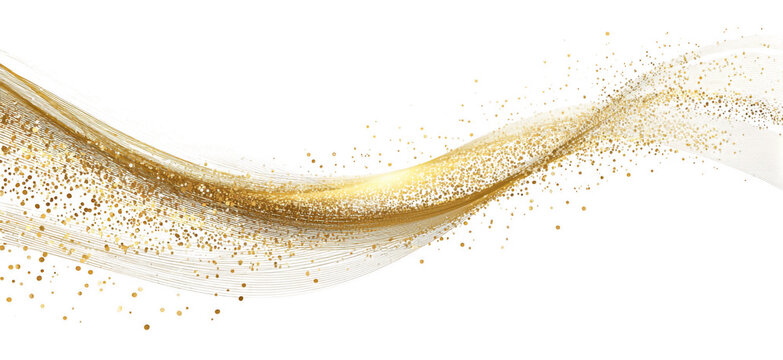 Abstract golden wave with sparkling glitter particles on a black background.