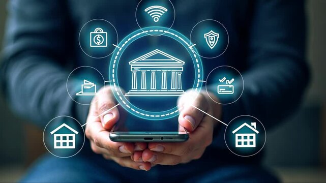 Person is holding a cell phone with a bank logo on it. Concept of financial security and the importance of managing one's finances