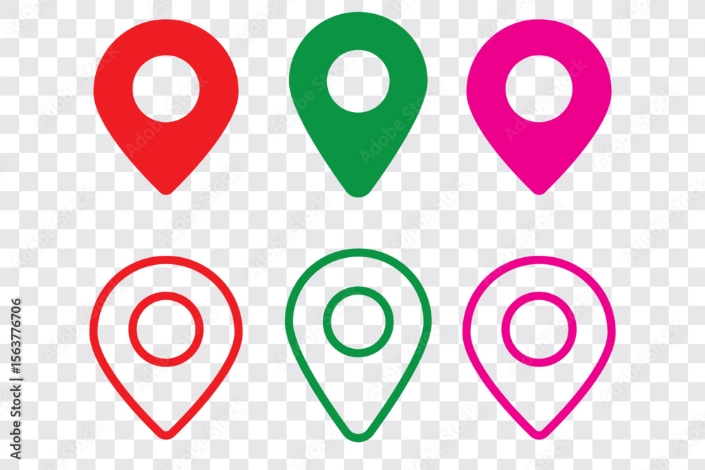 Poster colorful location icon set map pointer pin sign symbol solid and outline designs place address navig