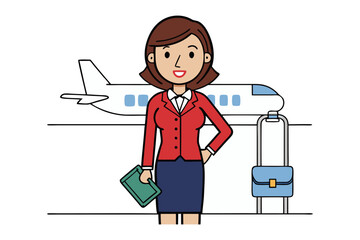 Professional woman with luggage and airplane ready for travel and business trip