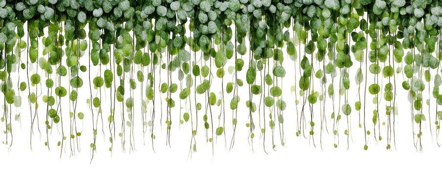 Delicate green hanging plant with round leaves against a stark black background.