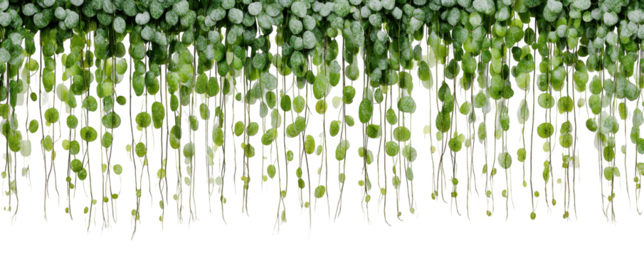 Delicate green hanging plant with round leaves against a stark black background.