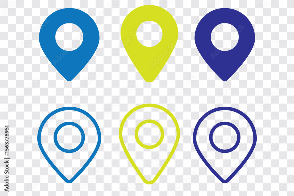 Poster colorful location icon set map pointer pin sign symbol solid and outline designs place address navig