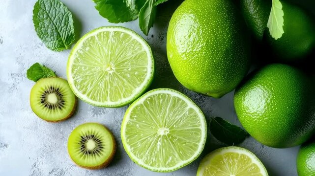 Sliced limes and kiwi fruit create a refreshing scene alongside mint leaves on a gray textured backdrop