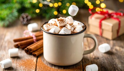 Cozy hot chocolate with marshmallows, cinnamon sticks, and festive decorations during winter