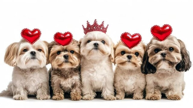 Five adorable shih tzu puppies wearing red hearts and a crown, celebrating valentine's day on a white background