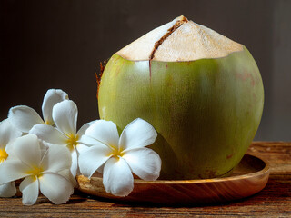 Coconut water in shell with tropical flowers, placed on wood with soft beach-inspired gradient