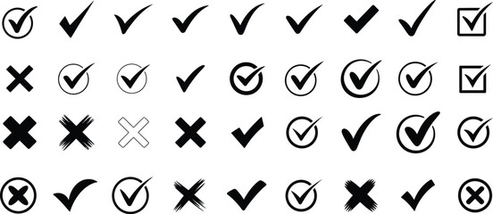 Collection of black check mark and cross icons in various styles