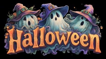 Halloween ghosts wearing witch hats floating over text