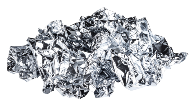 Crumpled aluminum foil in a dynamic shape.