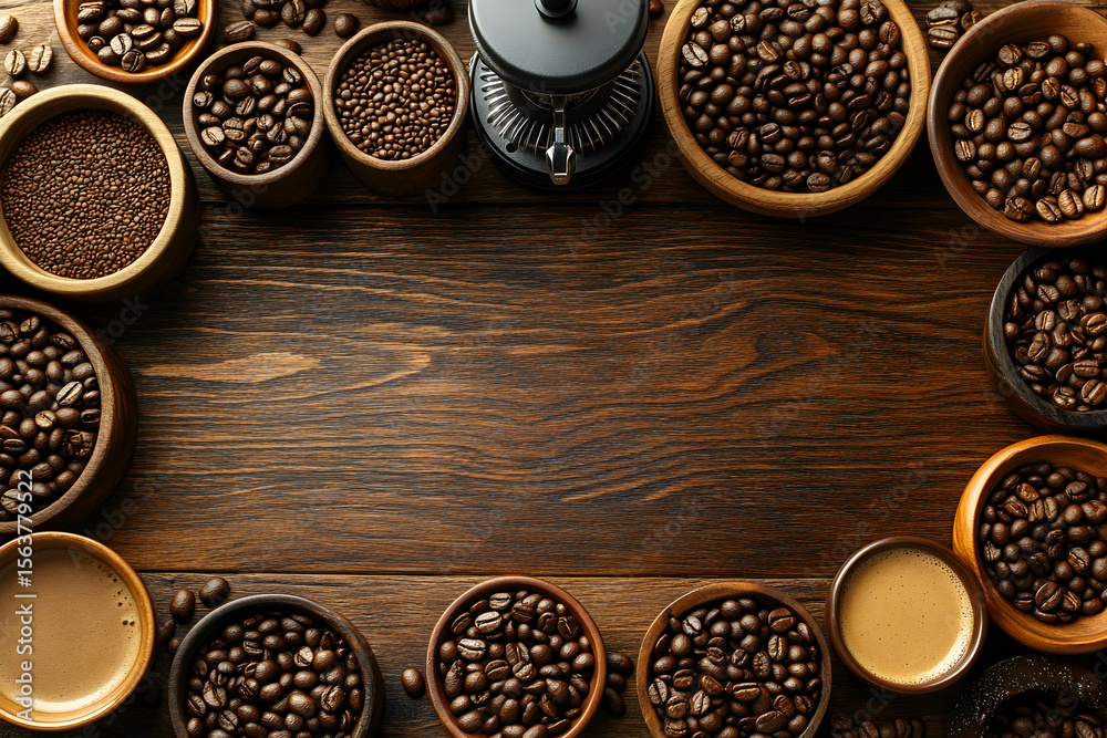 Fototapete aromatic coffee beans arranged around a rustic wooden surface, with a grinder and cups of coffee, cr