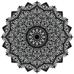 Decorative pattern in oriental style. Black complex doodle mandala on a transparent background, for printable coloring book.   