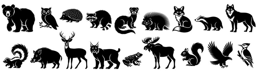 Forest wild animals including bear, owl, raccoon, fox, deer, moose, and more in vector silhouette style, perfect for nature-themed, educational, wildlife, and environmental awareness designs