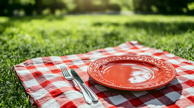 Red picnic plate and cutlery on a checkered blanket outdoors in a sunny park setting. Ideal for summer, food, and outdoor dining themes.