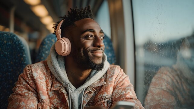 Young man listening to music on headphones while traveling by train
