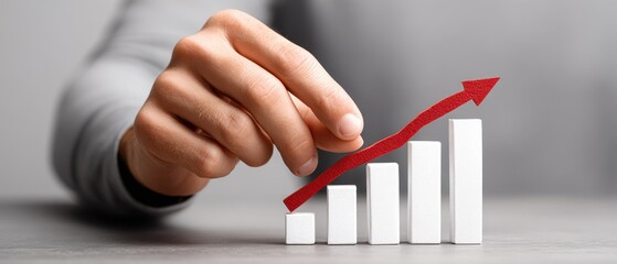 Financial Growth Concept - Hand Holding Bar Chart with Red Line Showing Profit Increase on Right Side with Copy Space
