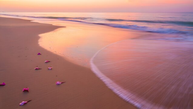 Beautiful sunrise beach ocean waves sand pink petals nature landscape scenic view wallpaper hd