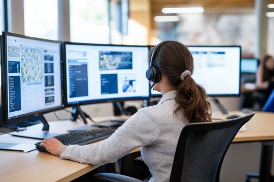 Woman wearing a headset monitors multiple screens in a modern control room or operations center