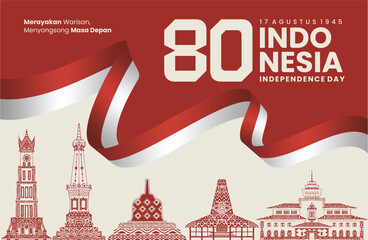Indonesia 80th Independence Day Banner with Cultural Landmark Line Art and Red White Ribbon