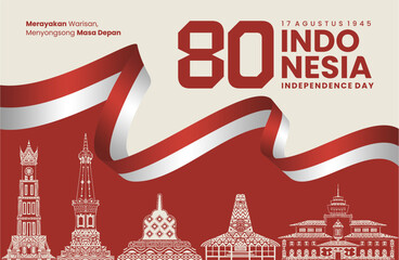 Indonesia 80th Independence Day Banner with Cultural Landmark Line Art and Red White Ribbon