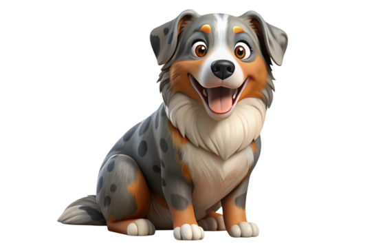 Friendly cartoon australian shepherd dog sitting happily isolated on transparent background