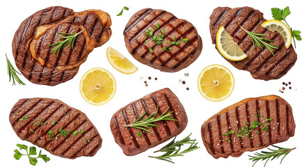 Naklejka premium Grilled Steak Collection with Fresh Herbs and Lemon Slices for Gourmet Meals, isolated on a transparent background