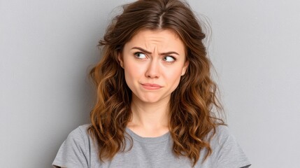 A woman with wavy brown hair making a confused or skeptical facial expression