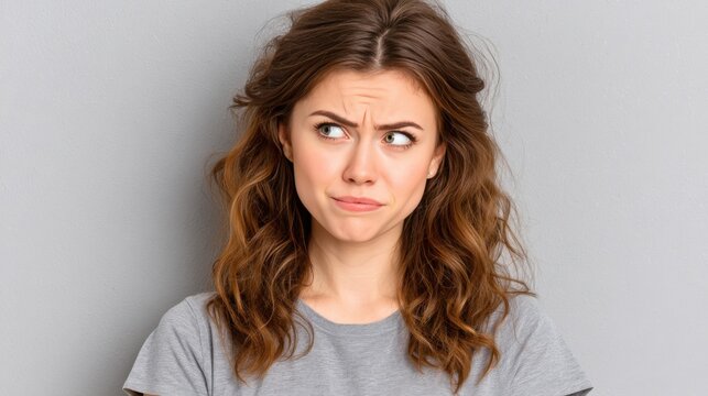 A woman with wavy brown hair making a confused or skeptical facial expression