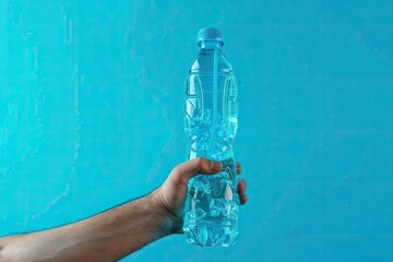 Man Hand Hold Mockup Blue Translucent Plastic Drinking Water Bottle Isolated on Blue Background