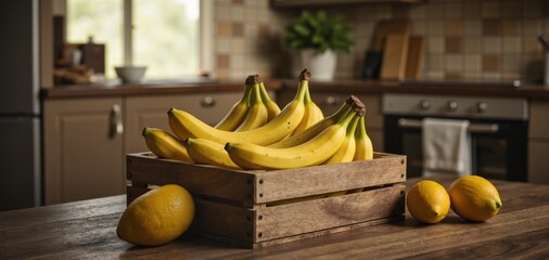 A rustic kitchen scene featuring a wooden crate filled with ripe bananas and fresh lemons, perfect for food styling, healthy eating campaigns, and culinary projects.
