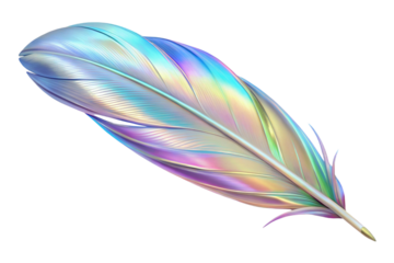Iridescent feather with holographic colors isolated on transparent background