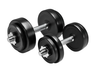Two adjustable black dumbbells with chrome handles and star collars on a black background.