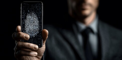 Businessman showing smartphone with fingerprint scanner and digital matrix effect