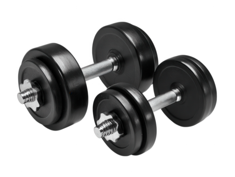 Two adjustable black dumbbells with chrome handles and star collars on a black background.