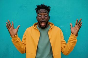detailed picture of surprised man gasping amazed raising hands up