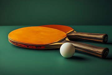 ping pong rackets ball green background