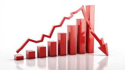 Red bar graph with upward trend and downward arrow indicating