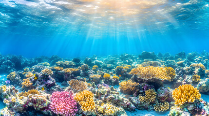 Naklejka premium Vibrant underwater scene showcasing a diverse coral reef teeming with life, bathed in sunlit beams penetrating the crystal-clear ocean water.