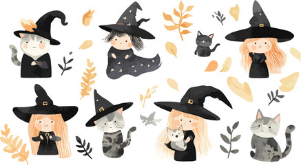 A collection of black vector silhouette Halloween icons featuring a cute witch, cat, and other monster animal designs