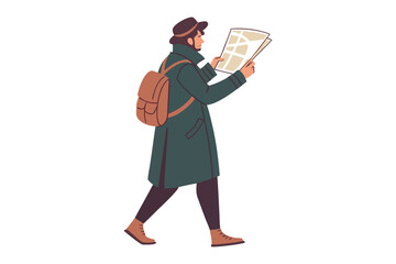 A stylish man wearing a hat and trench coat with a backpack consults a folded map while walking