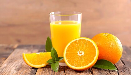Fresh Orange Juice with Oranges on Wood.