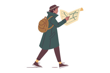 Adventurous traveler with a backpack and hat consults a folded map while exploring an unknown destination on foot